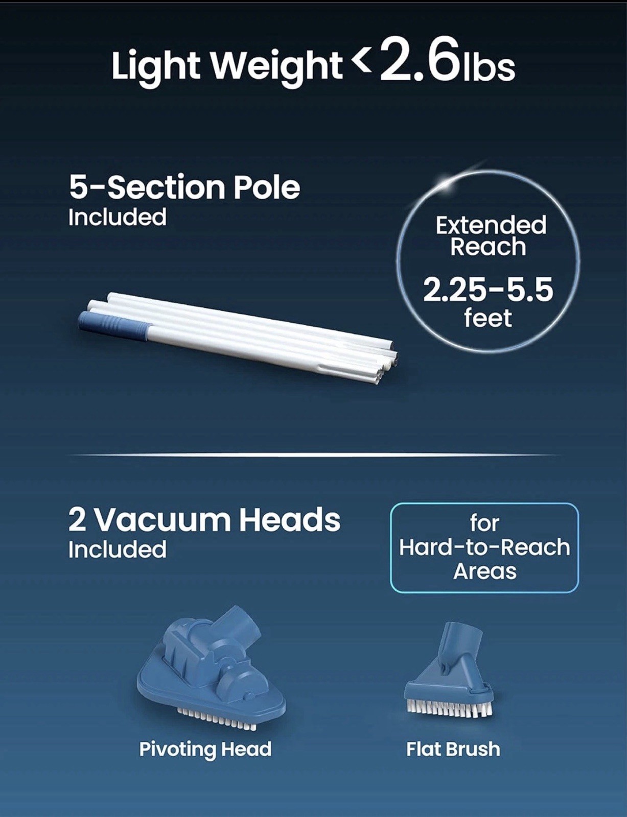 2024 Cordless Rechargeable Pool Vacuum with Adjustable Pole & Brush Heads