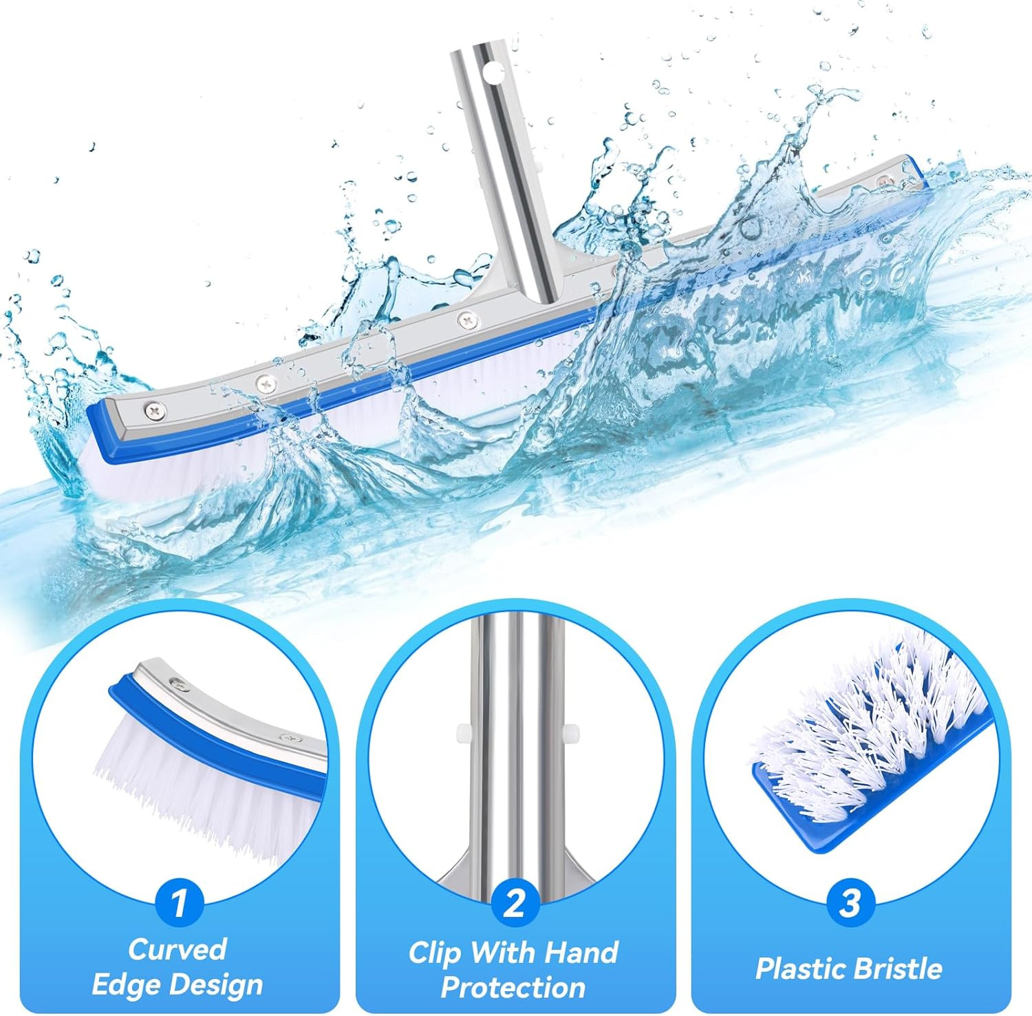 18&Prime; Heavy Duty Pool Brush Curved Plastic Bristles for Walls Tiles Floors Steps