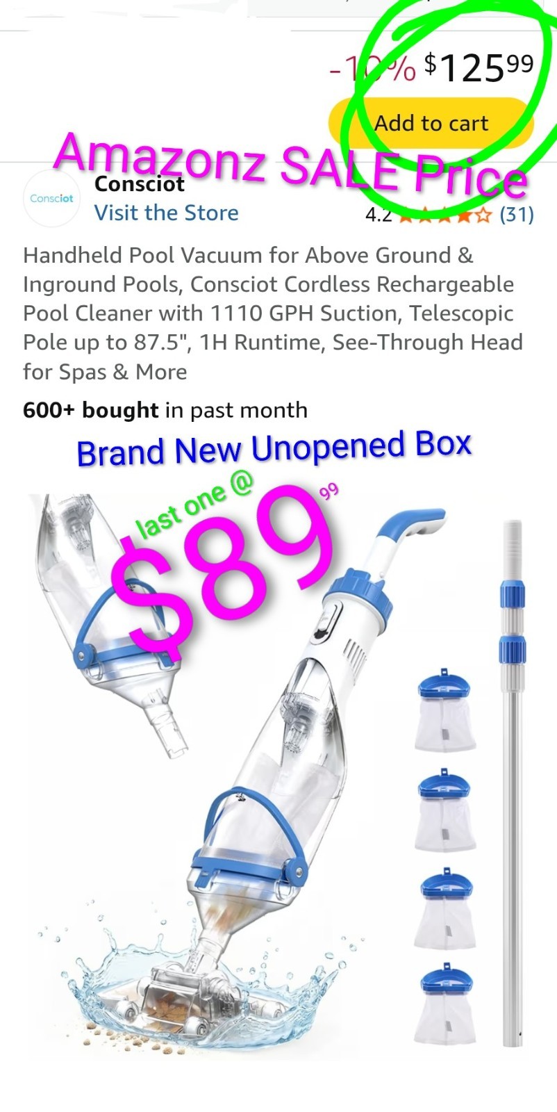 Handheld Cordless Pool Vacuum* Battery Pool Vac* Cordless Pool Cleaner 1,110 GPH