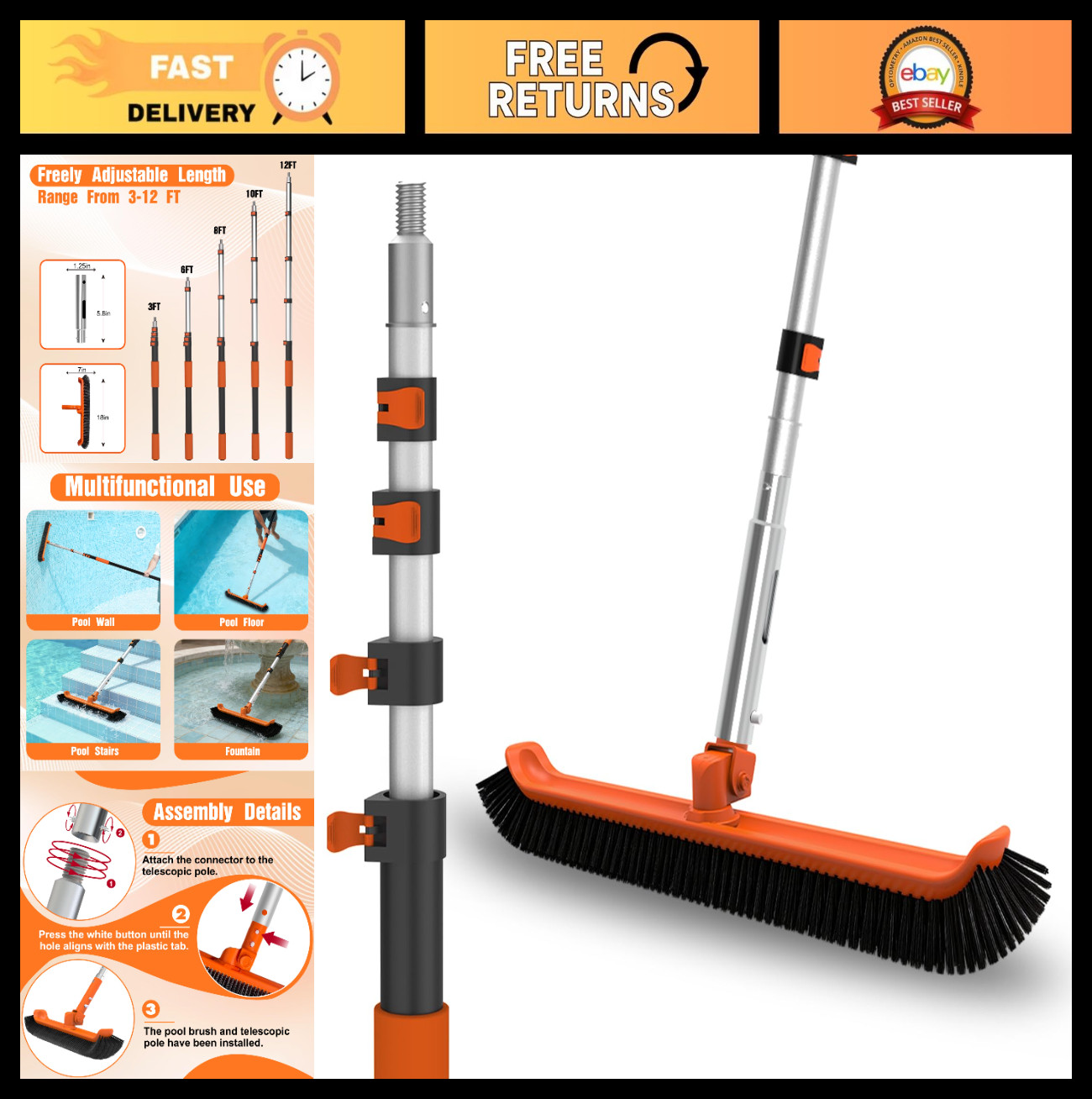 Heavy Duty 12FT Telescopic Pool Brush & Pole, 18&Prime; Scrubber for Walls & Floors