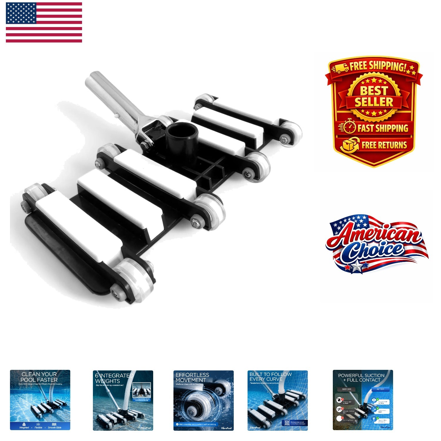 14.4&Prime; Weighted Pool Vacuum Head – Flexible & Universal Hose Fit for All Pools