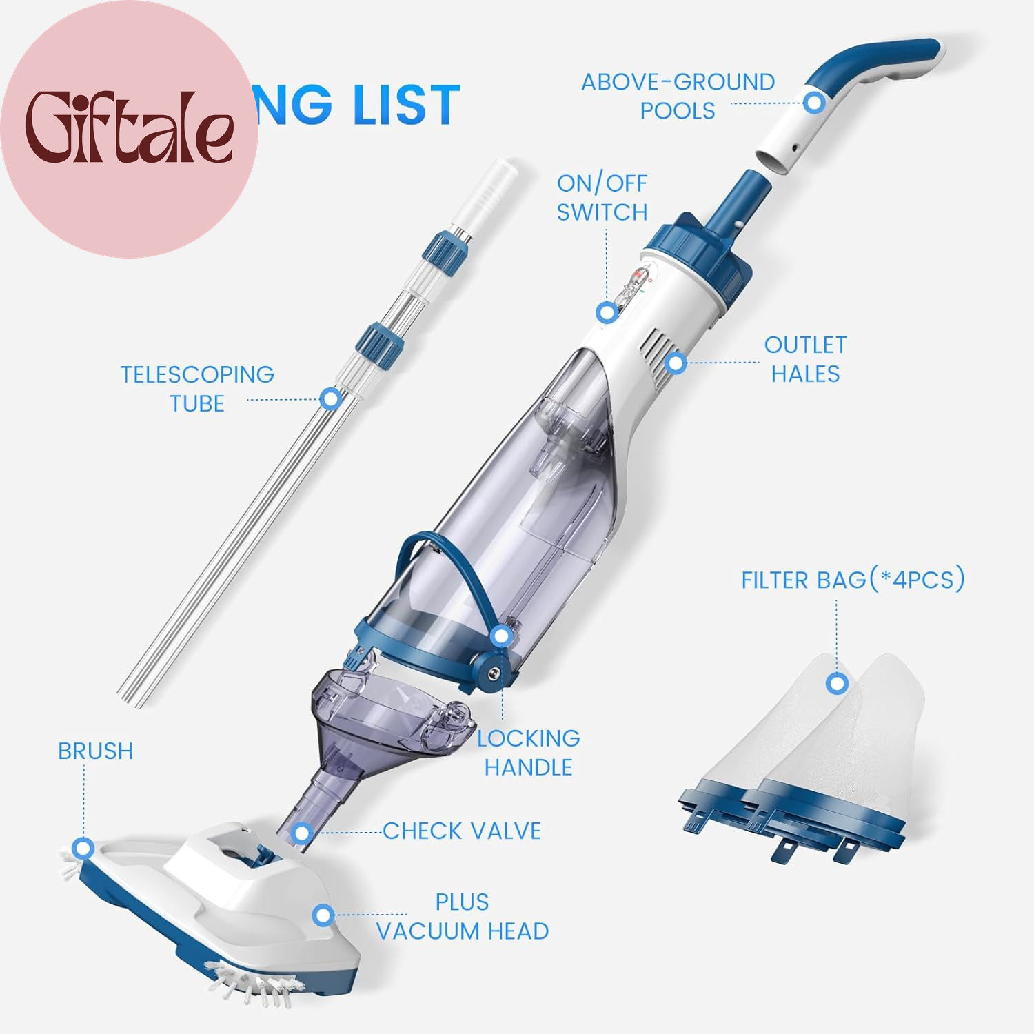 Pool Vacuum for above Ground Pool, Upgraded 13.4&Prime; Wide Head & Telescopic Pole, 1