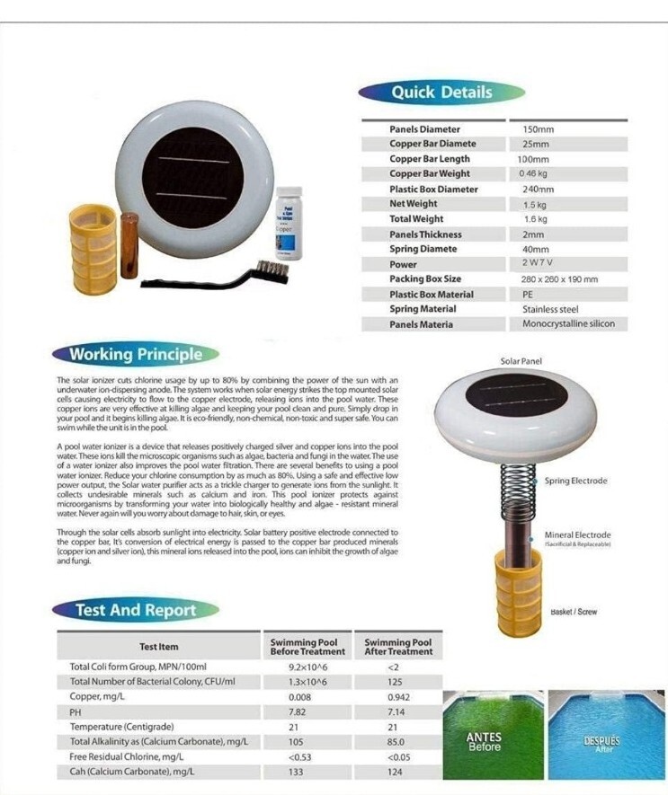 New US Pool Ionizer Solar Powered Kills Algae Reduce Chlorine NO MORE GREEN $180
