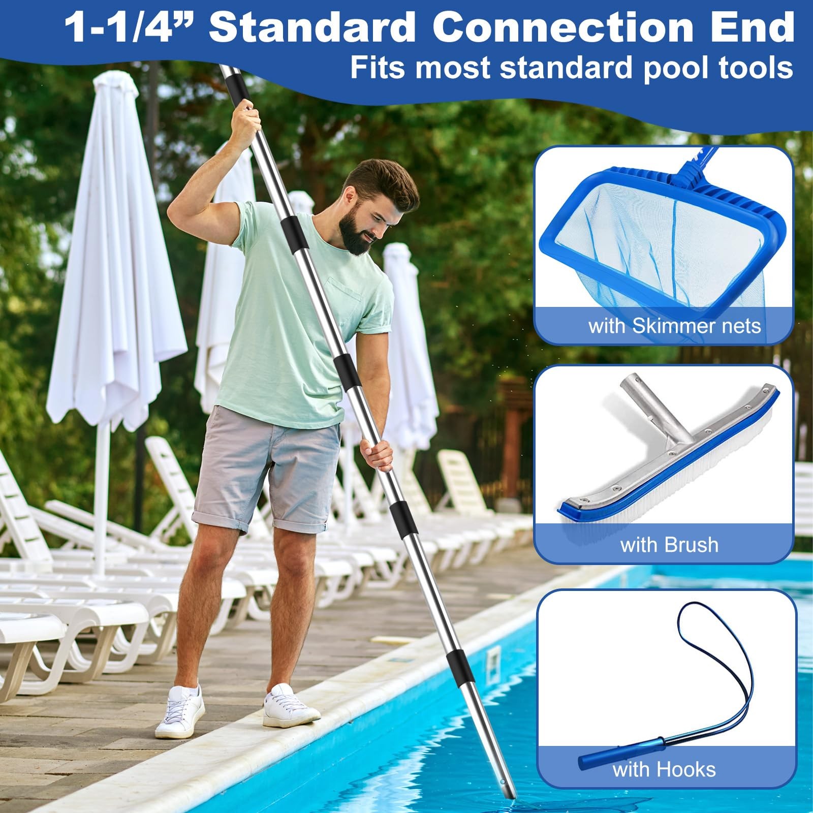 Telescopic 12 Ft Stainless Steel Pool Pole for Skimmer, Brush, Vacuum Cleaning