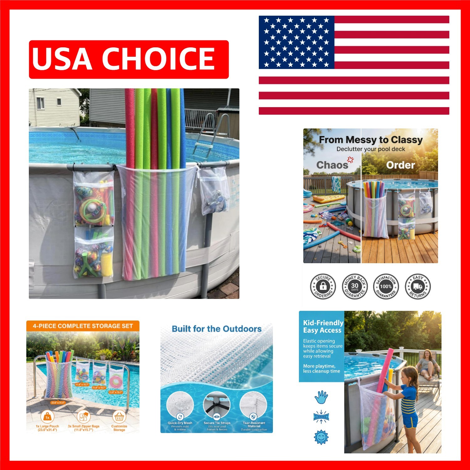 4-Pack Mesh Storage Bags for Pool Noodles, Toys & Floats – Lightweight Elegance