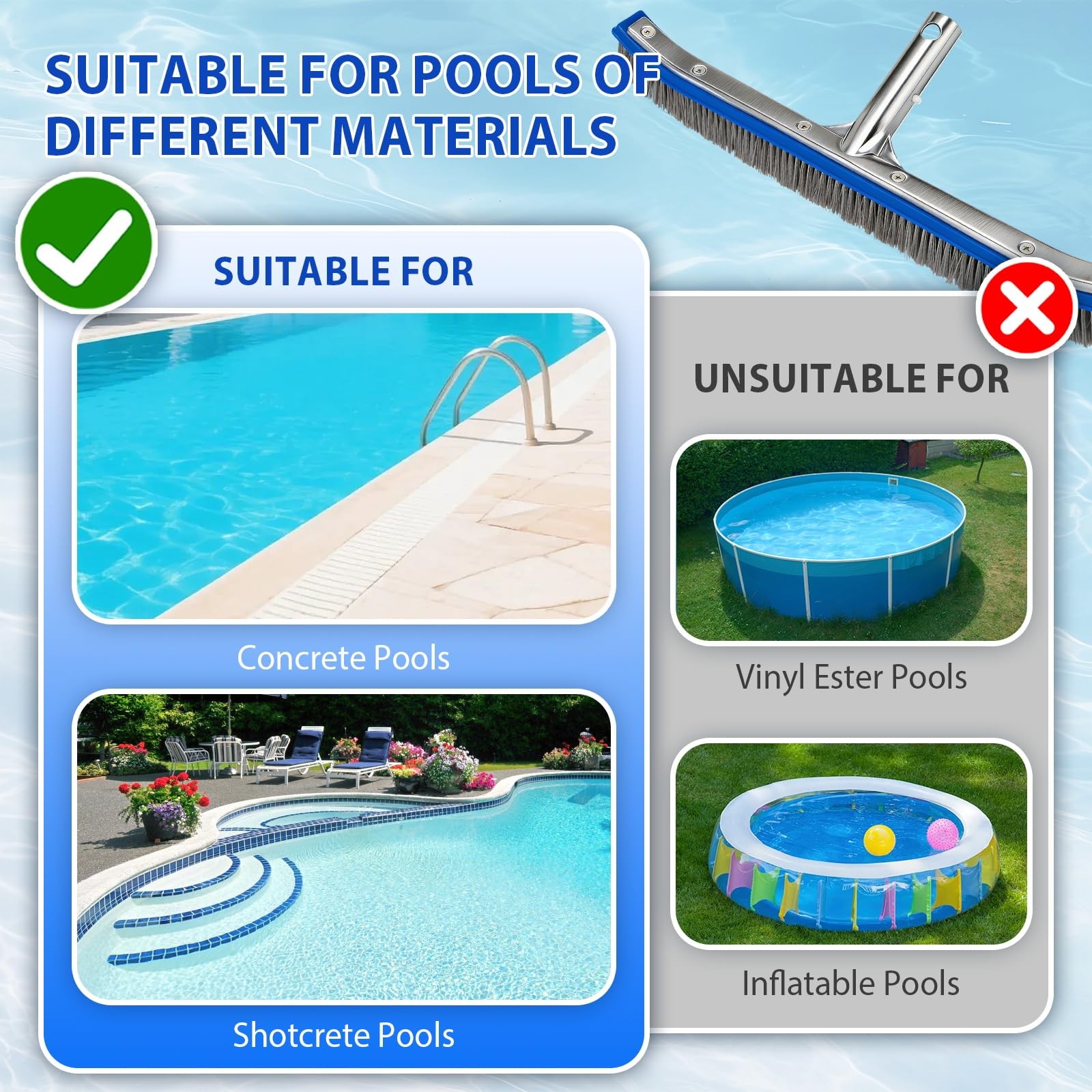 18&Prime; Wide Pool Brush Head – Combo Nylon & Stainless Steel Wire Bristles, Heavy…