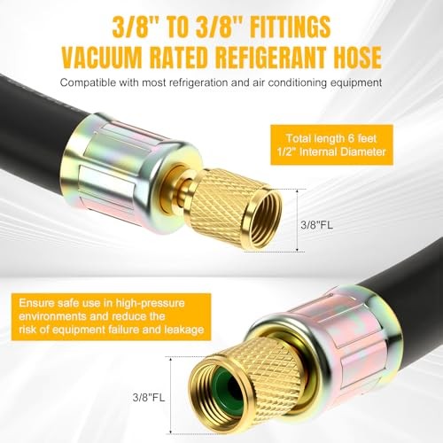 HVAC Refrigerant Charging Vacuum Hose, 6 ft, 800 Psi 3/8&Prime; to 3/8&Prime; Fittings