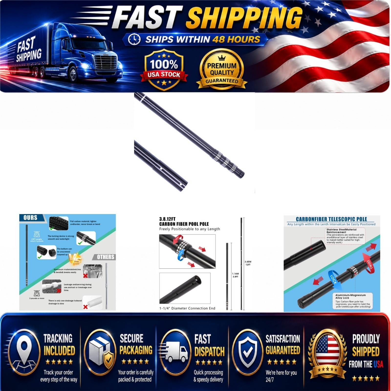 JSPJSP 12FT Carbon Fiber Telescopic Pool Cleaning Pole