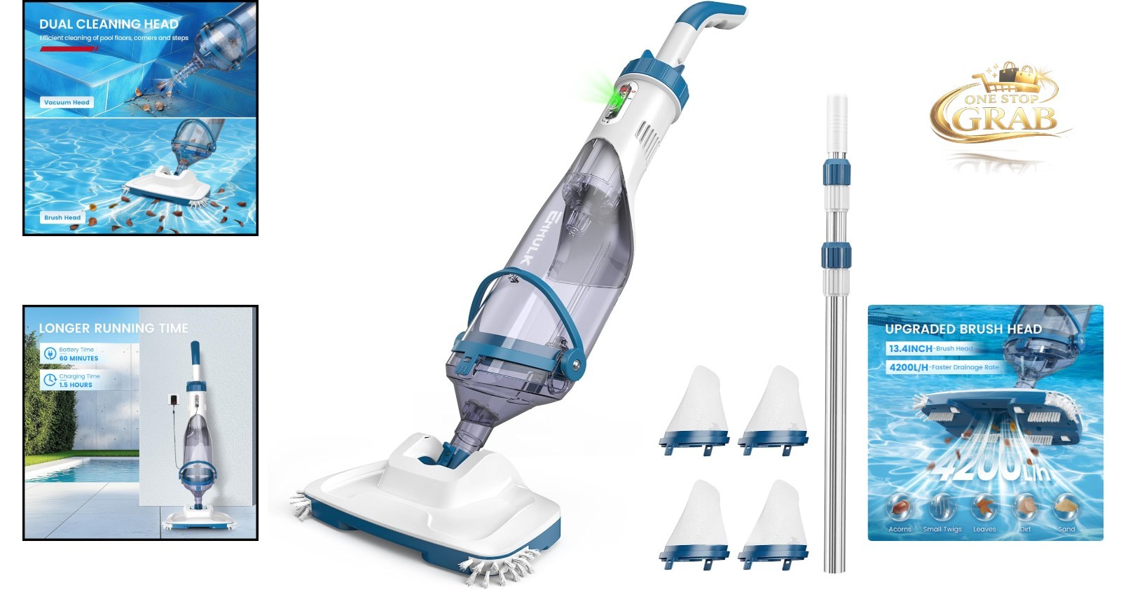 Cordless Pool Vacuum for Above Ground Inground Pools 13.4&Prime; Wide Head Blue