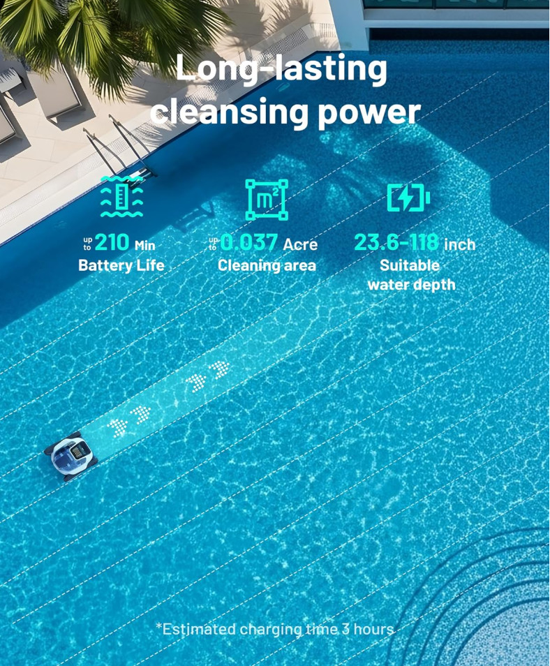 Spino E1 Cordless Robotic Pool Cleaner Wall & Waterline 1600 Sq Ft 210min App