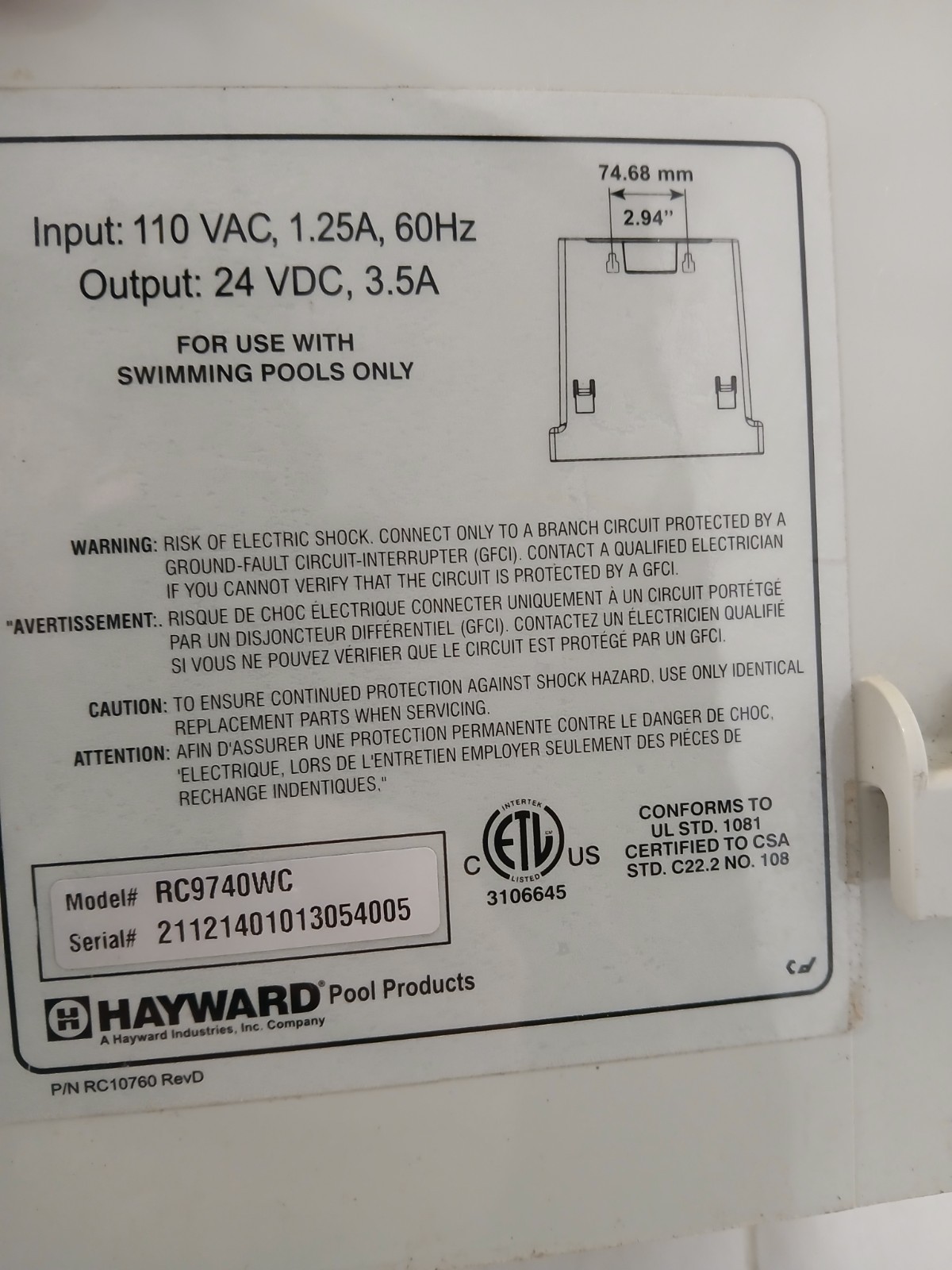 Hayward RC9740WC Pool Cleaner Power Supply Control Unit 24V DC RC10760 – TESTED