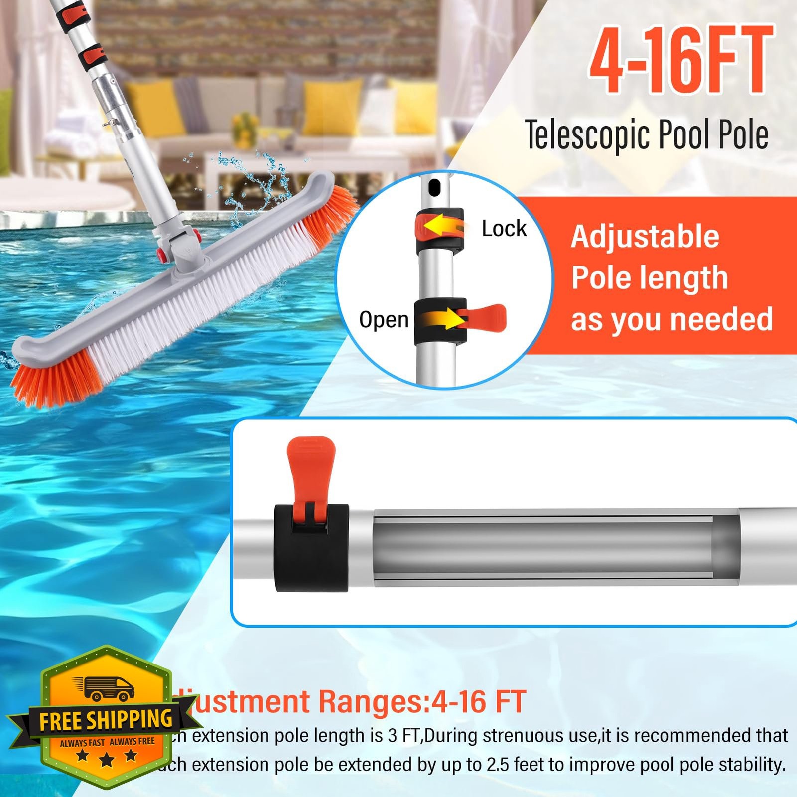 ACTREY Telescoping Pool Pole 16FT with Brush