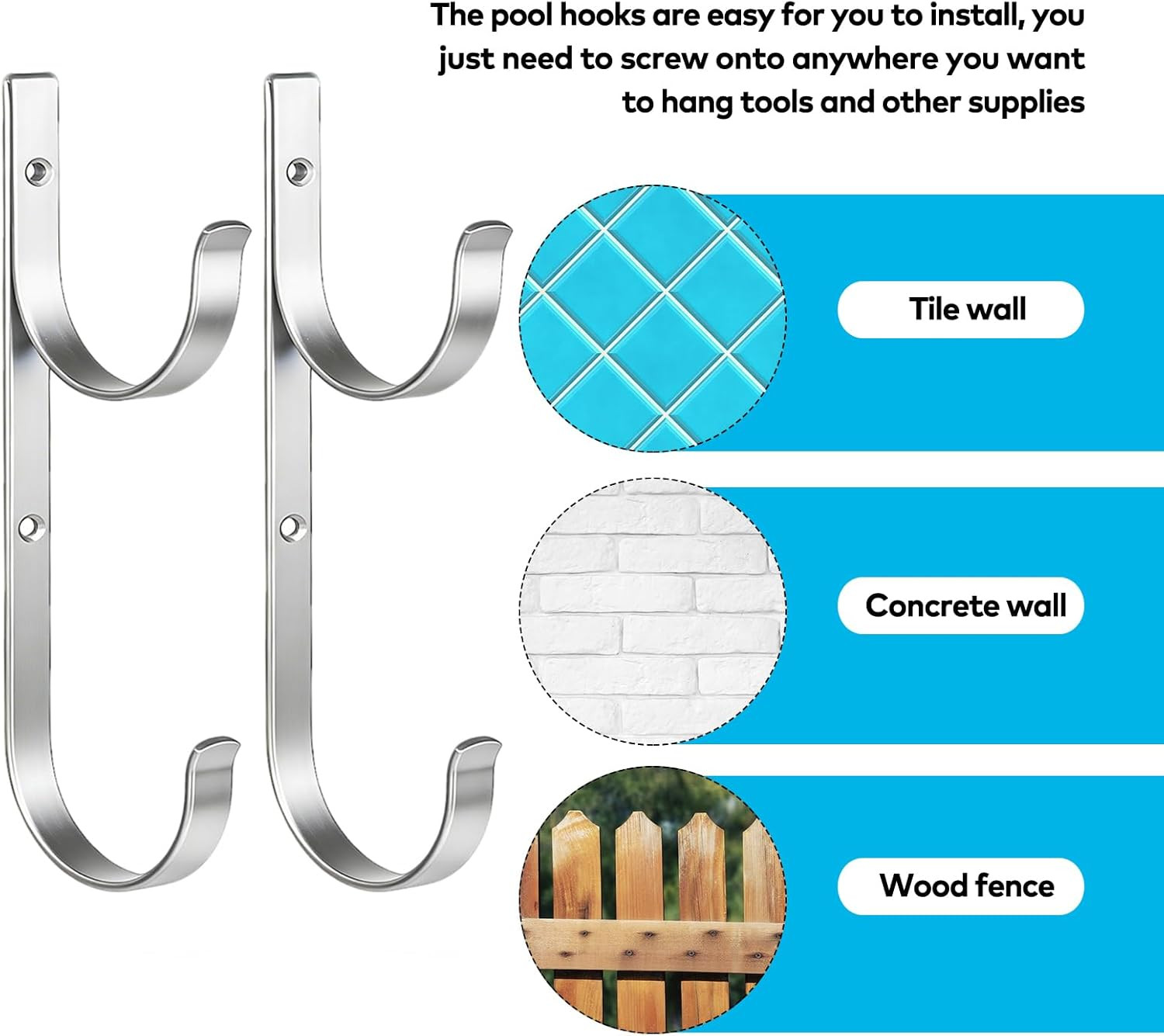 Pool Pole Hanger,4 Pcs Silver Aluminum Pool Hooks for Poles,Rakes,Skimmers,Nets,