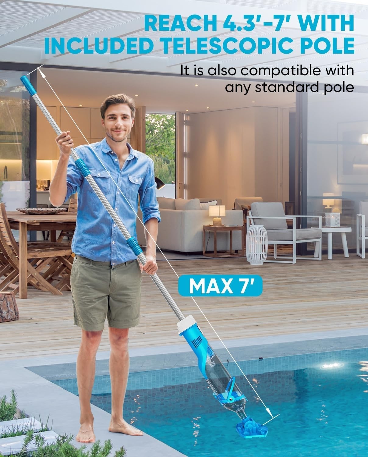 Cordless Pool Vacuum with Telescopic Pole 18.5 GPM Powerful Suction 1.5H Super