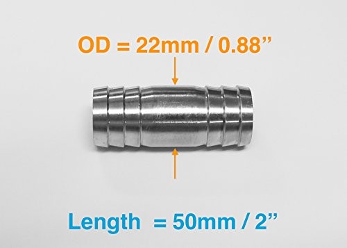 Vacuum Hose Connector, Straight Barb OD= 22mm (0.88&Prime;) Straight Barb-Stainless