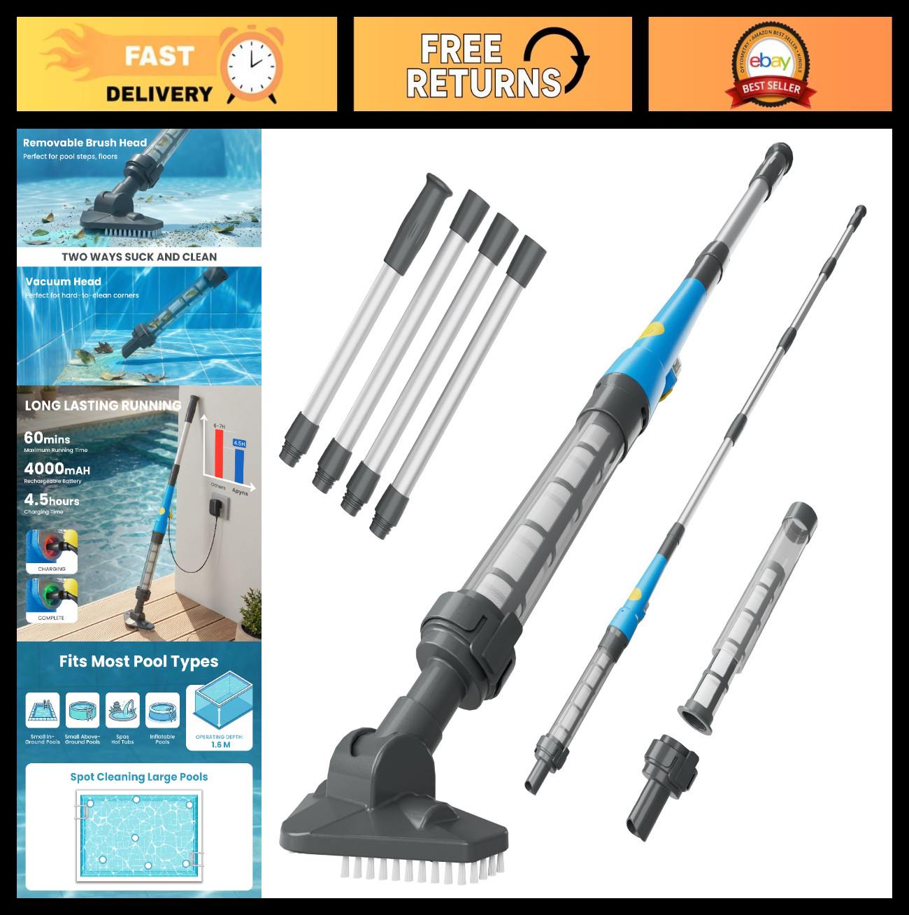 Cordless Pool Vacuum for Above Ground Pools & Hot Tubs, 60 Min Runtime, Lightwei
