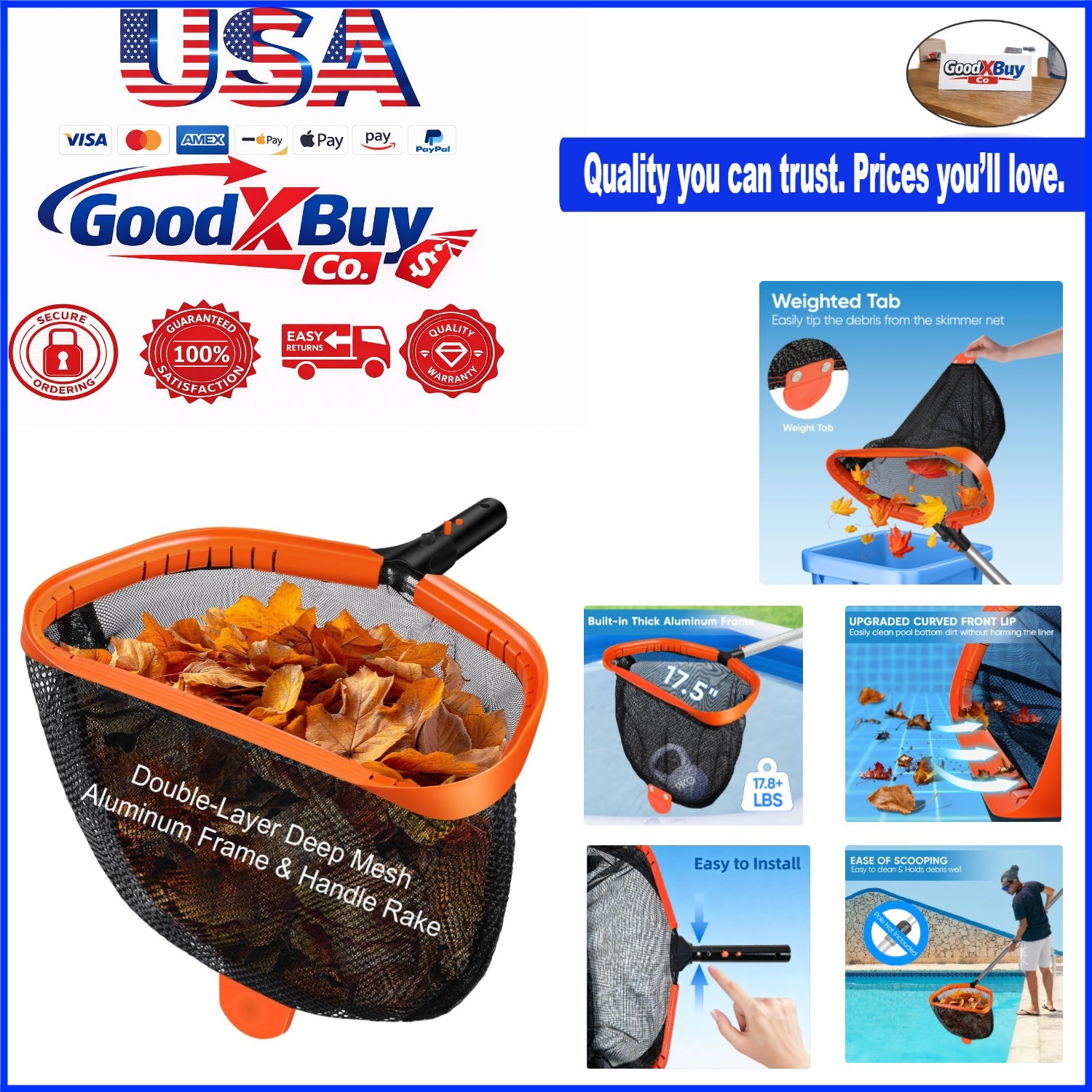 Large 17.5-Inch Pool Skimmer Net Aluminum Frame Deep Nylon Debris Collection