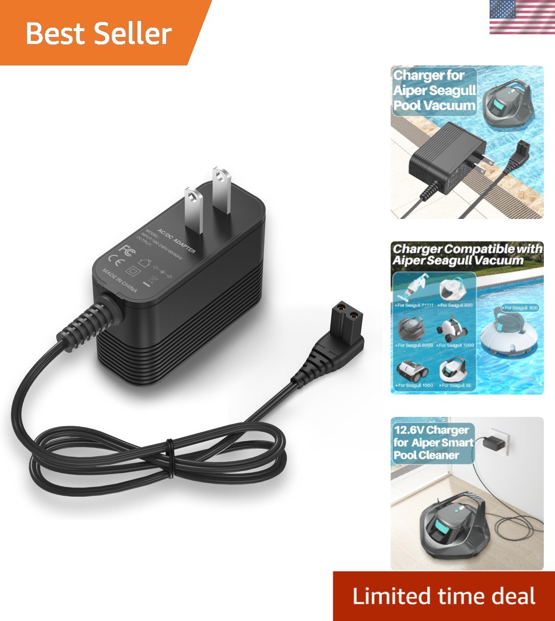 12.6V Charger for Aiper Seagull Pool Vacuums – Safe & Reliable AC to DC Adapter