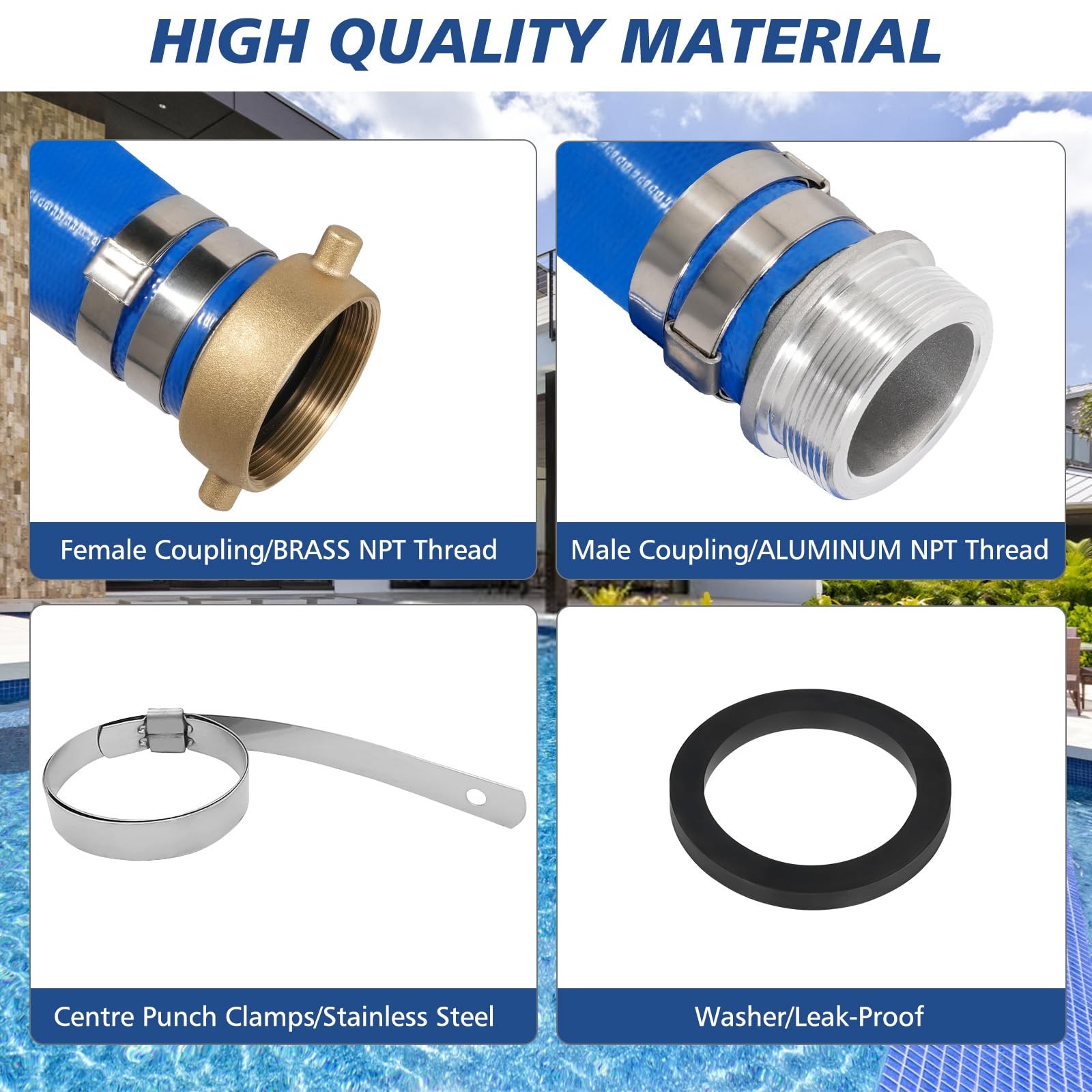 Heavy Duty 50ft 1.5in PVC Lay Flat Pool Backwash Hose w/ Aluminum Connectors
