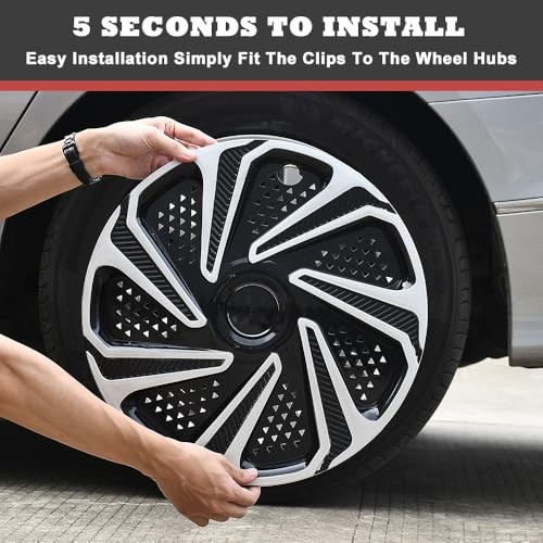 Hubcap Wheel Cover Replacement Kit 15&Prime; Hub Caps – Black with Silver – 15&Prime; Grid
