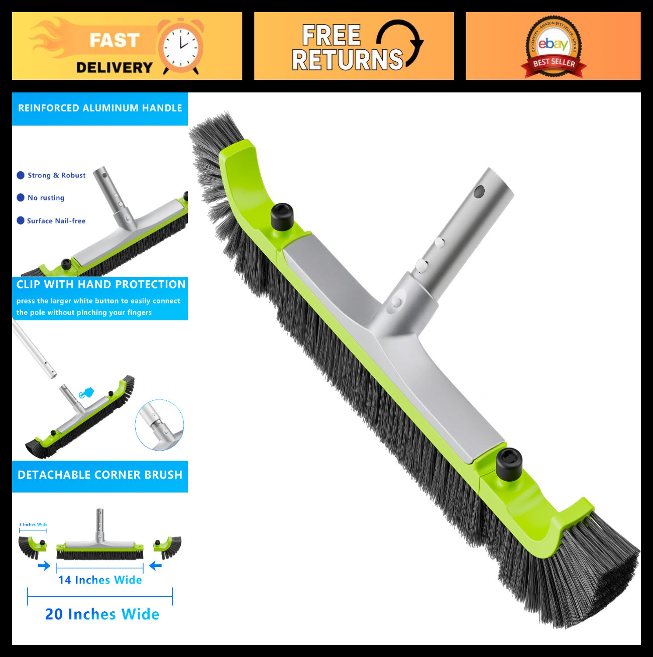 20&Prime; Heavy Duty Pool Brush Head for Inground/Above Ground Cleaning, Strong Bristl