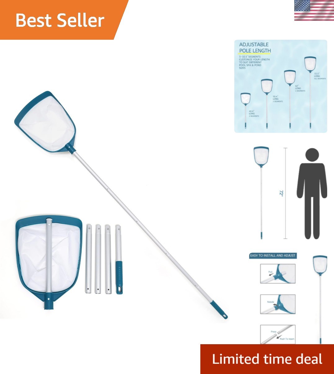 Pool Skimmer with Adjustable Pole & Fine Mesh – Safe for All Pools