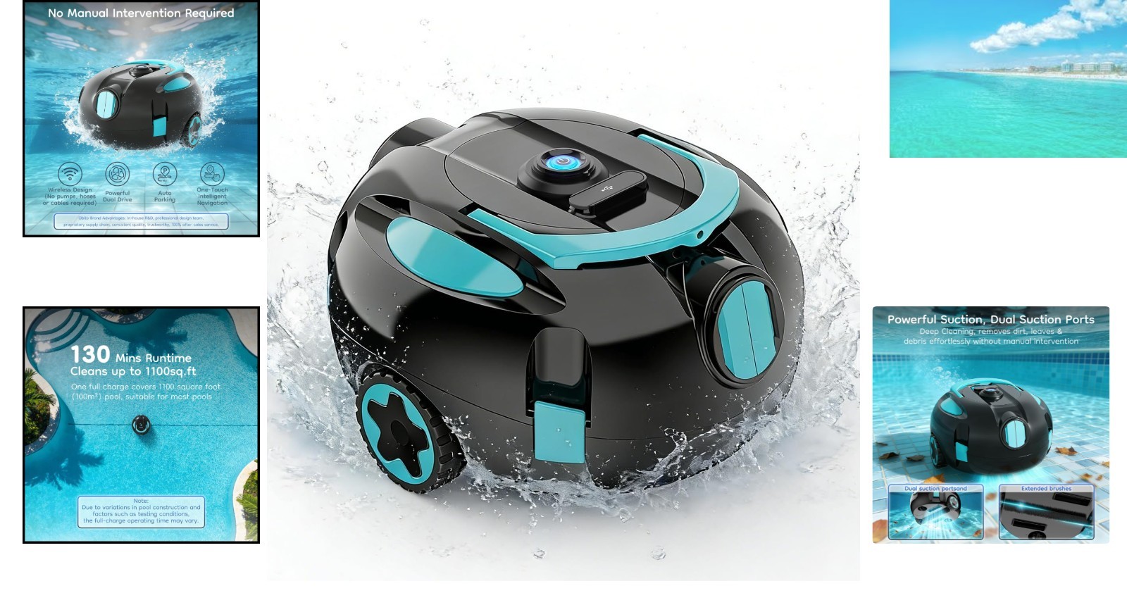 Sleek Automatic Pool Cleaner with Dual Suction – Battery-Powered Efficiency