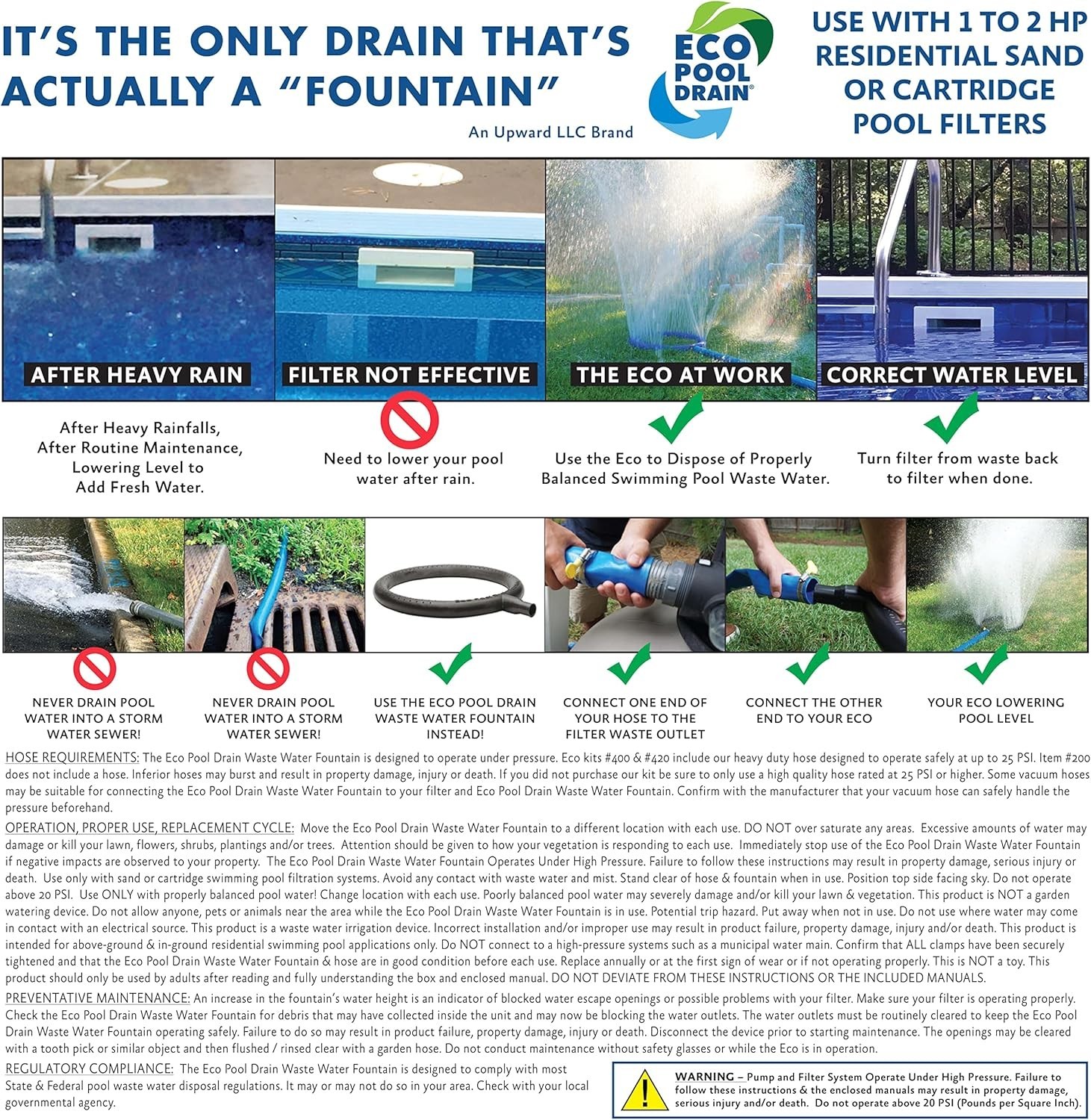 Swimming Pool Back Wash & Waste Water Recycling Fountain with 1 Stainless Steel