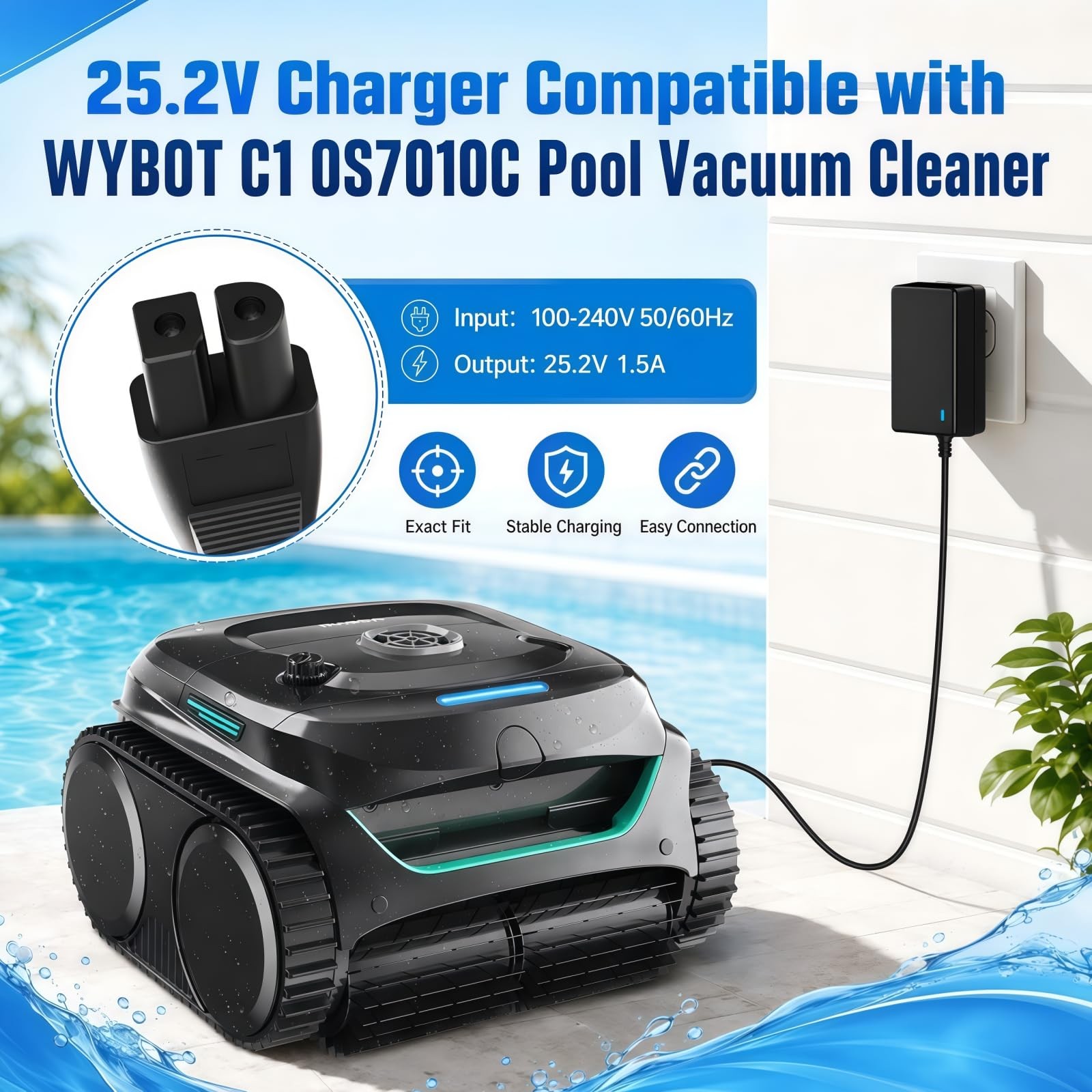 25.2V Fast Charger for WYBOT C1, C2, C2B, and OS7010C Robotic Pool vacuums; A…