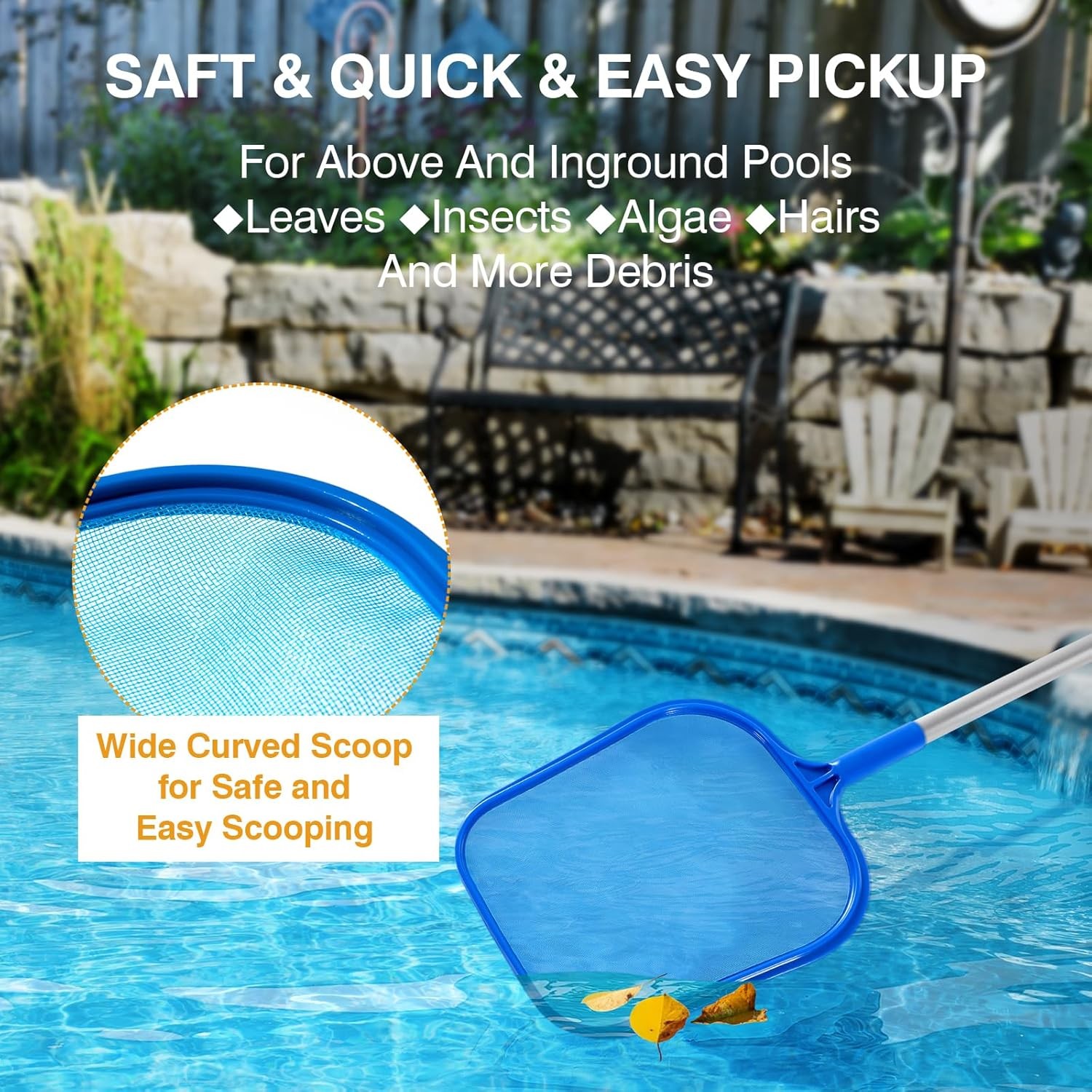 Pool Skimmer Net with 5-Section Aluminum Pole 64&Prime; for Cleaning Pools