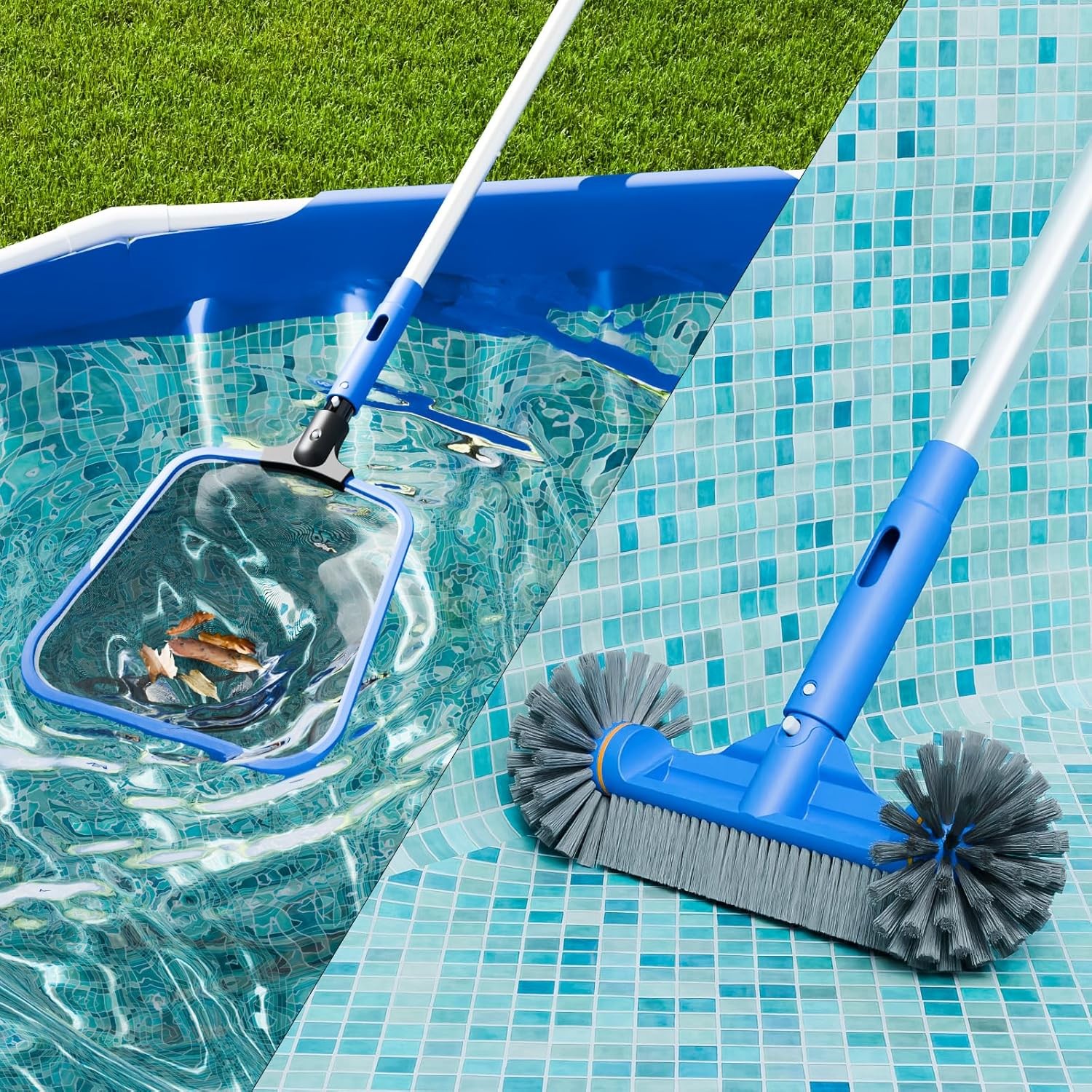 Pool Cleaning Kit with 70.5 In Pole Half Deep Skimmer Net 12 In Round Brush