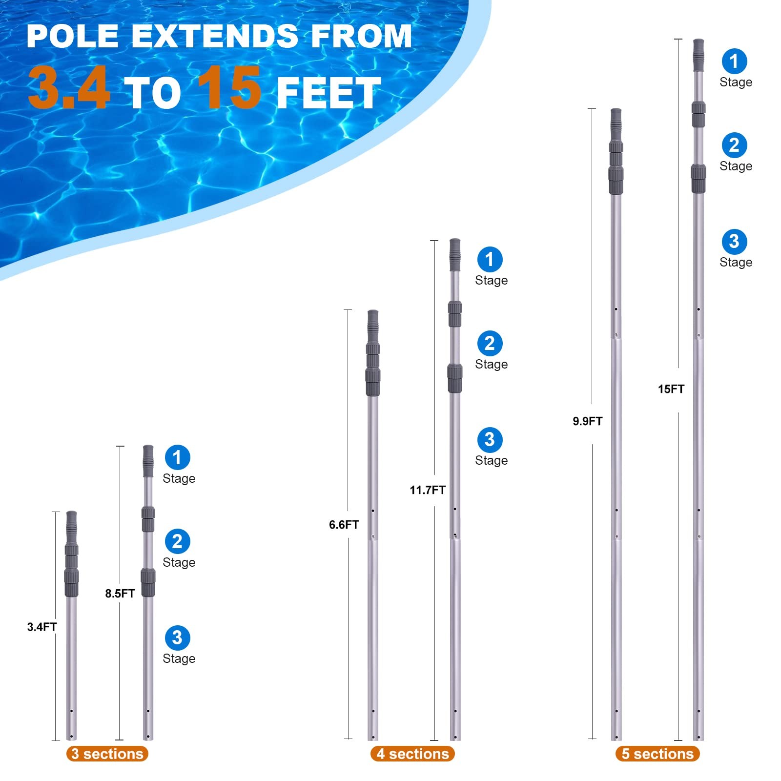 15ft Telescoping Pool Cleaning Pole for Skimmer Net, Brush & Vacuum Head