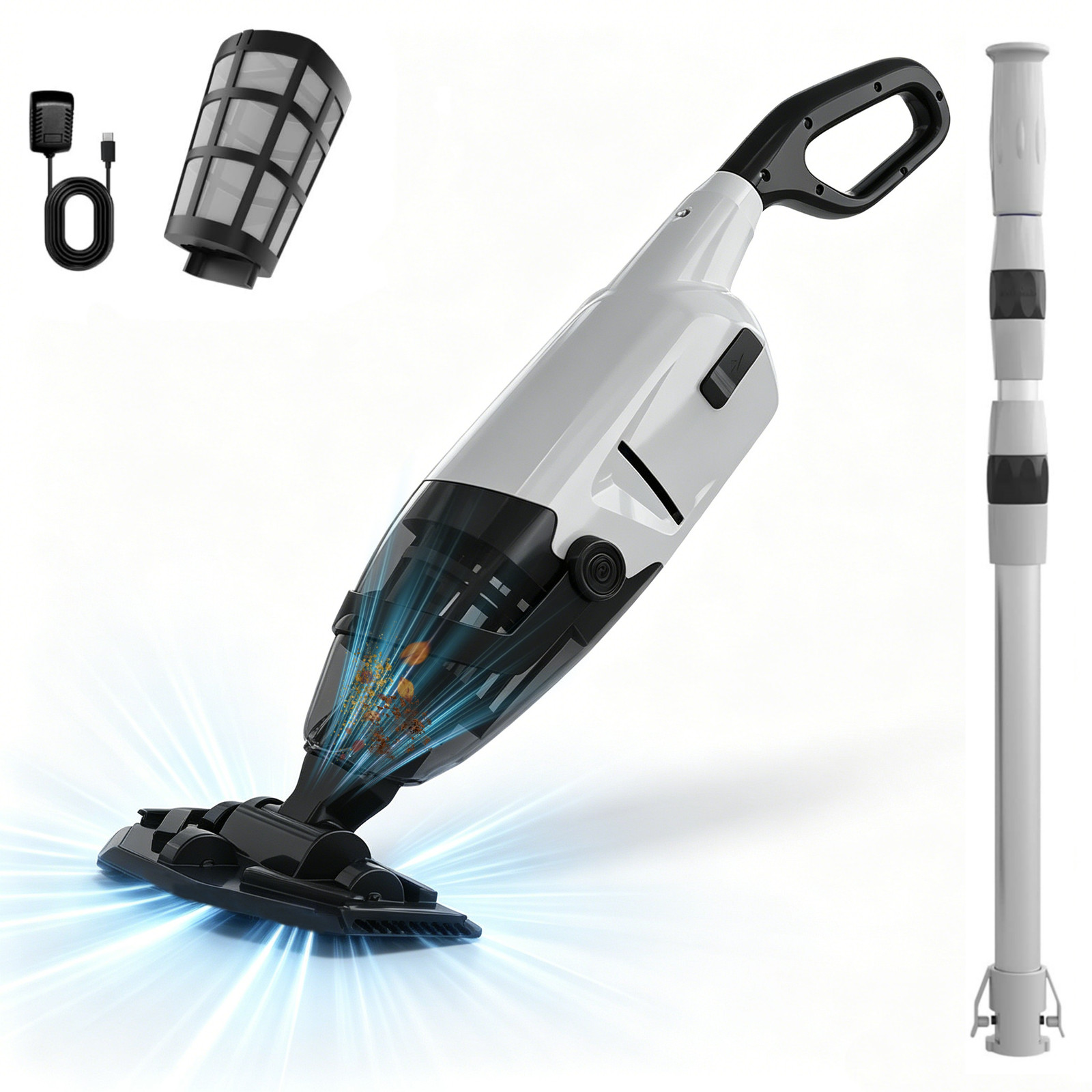 60min Cordless Rechargeable Pool Vacuum Handheld Cleaner w/ Telescopic Pole Gray