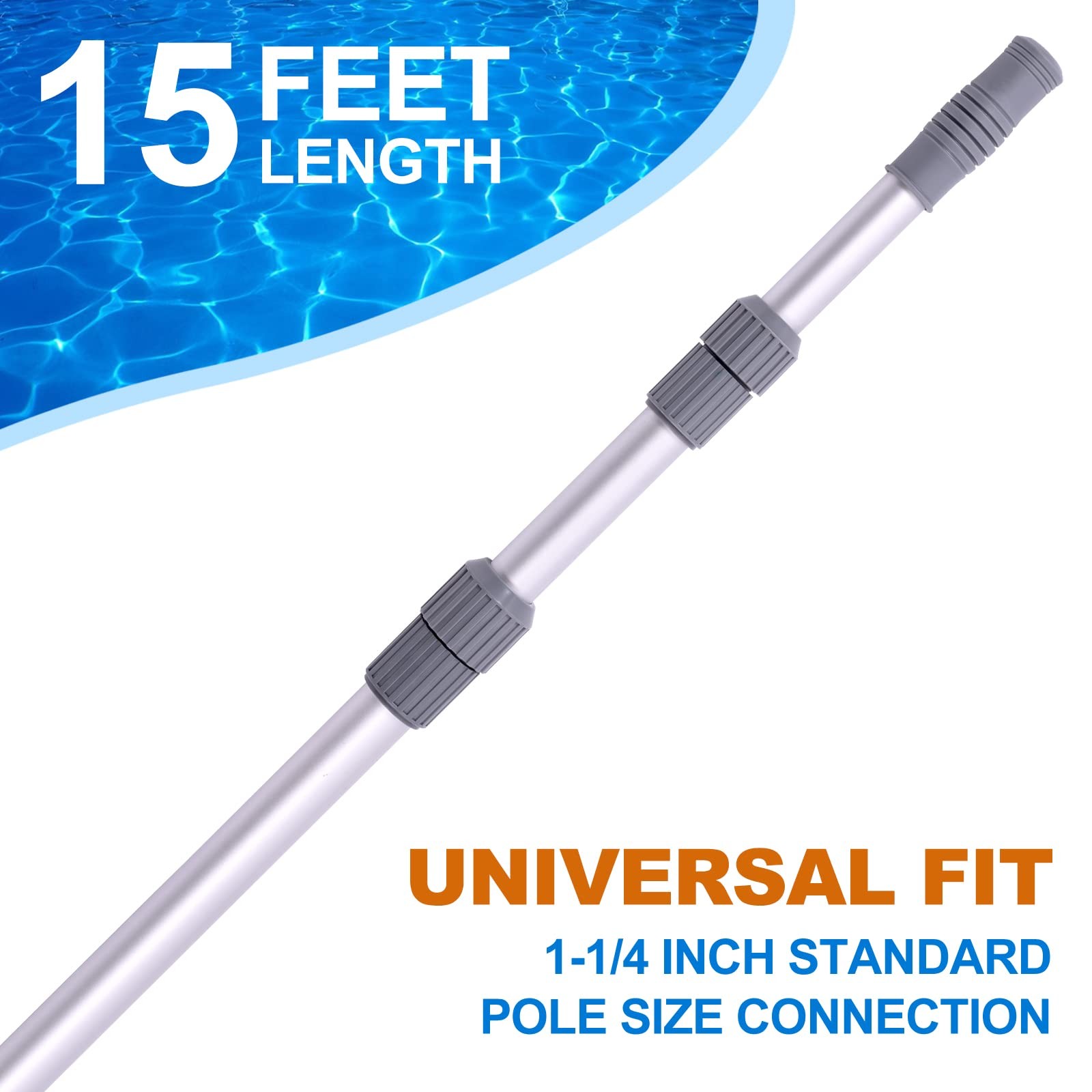15ft Telescoping Pool Cleaning Pole for Skimmer Net, Brush & Vacuum Head