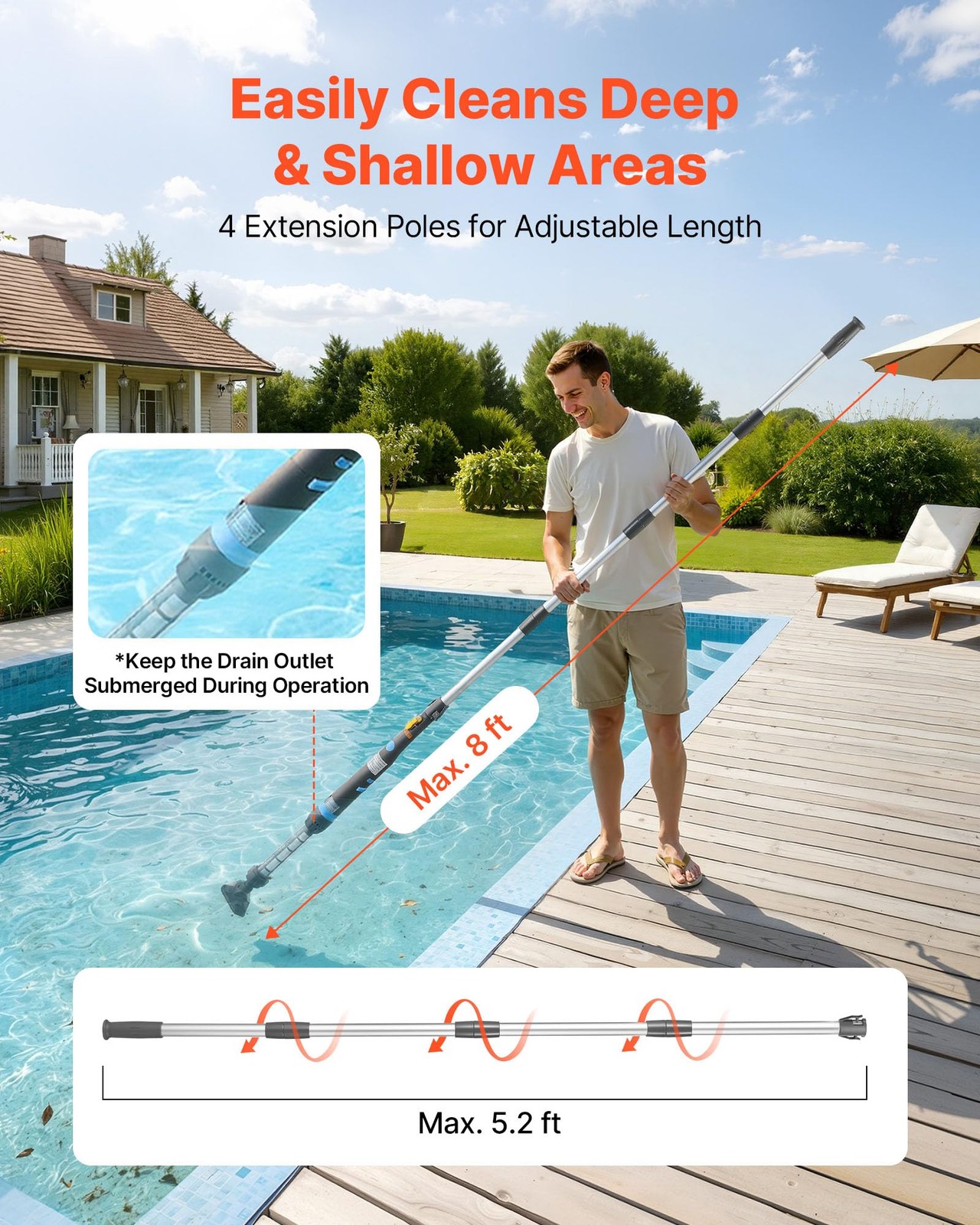 Vevor Handheld Pool Vacuum 8.5 Gpm Cordless Spa Hot Tub Vacuum Extension Pole