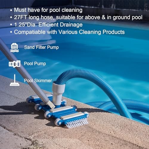 Pool Vacuum Hose With Swivel Cuff 1-1/4&Prime; Diameter Flexible Heavy Duty Pool 27FT