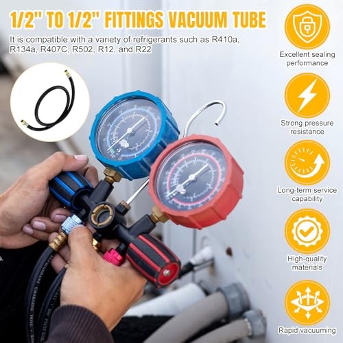 HVAC Refrigerant Charging Vacuum Hose, 6 ft, 800 PSI 1/2&Prime; to 1/2&Prime; Fittings