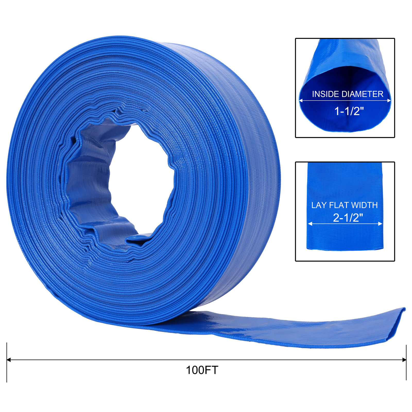 Discharge Hose 1-1/2&Prime;x 100FT PVC Lay Flat Hose Backwash Drain Hose w/ 2 Clamps