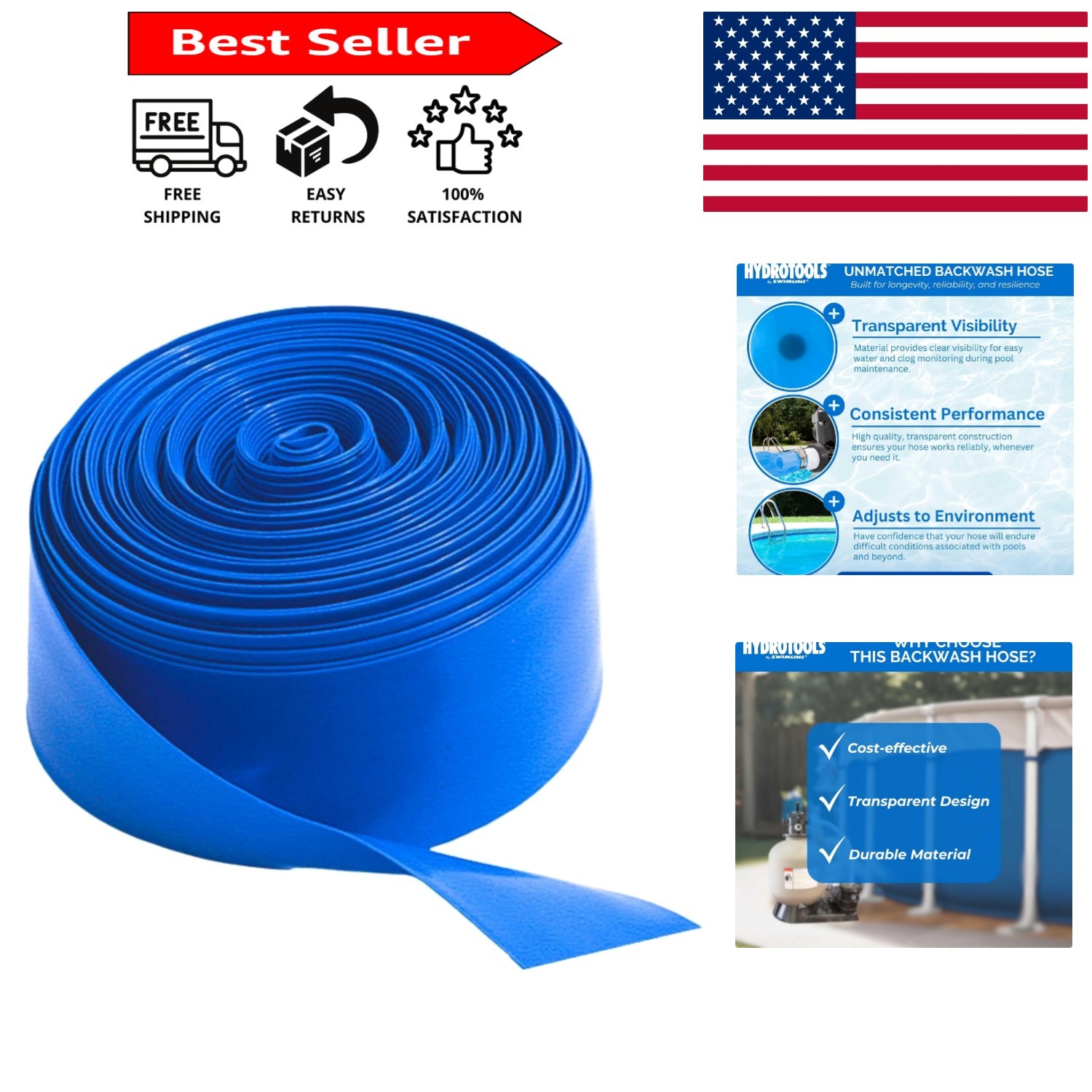 HYDROTOOLS 50ft Kink-Free PVC Backwash Hose for Pool Maintenance | Heavy Duty