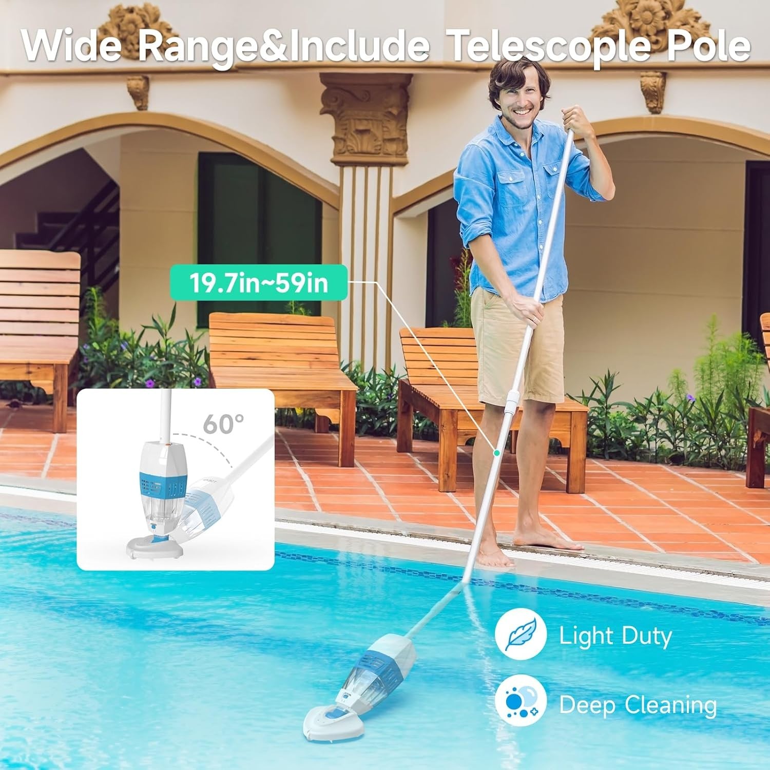 Hyson 100P Handheld Pool Vacuum Rechargeable Telescopic Pole 60 Min