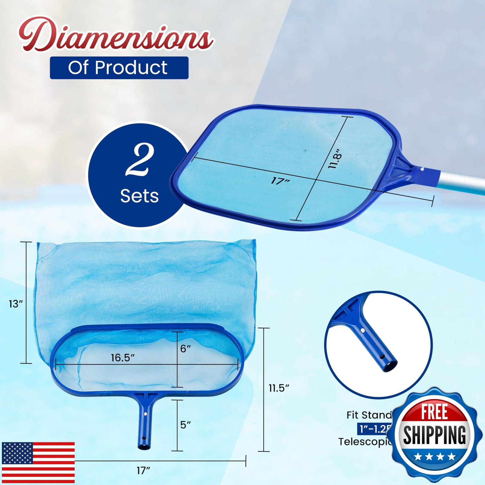 4E&rsquo;s Novelty Swimming Pool Skimmer Net and Leaf Rake Set – 17″ Heavy Duty Fra