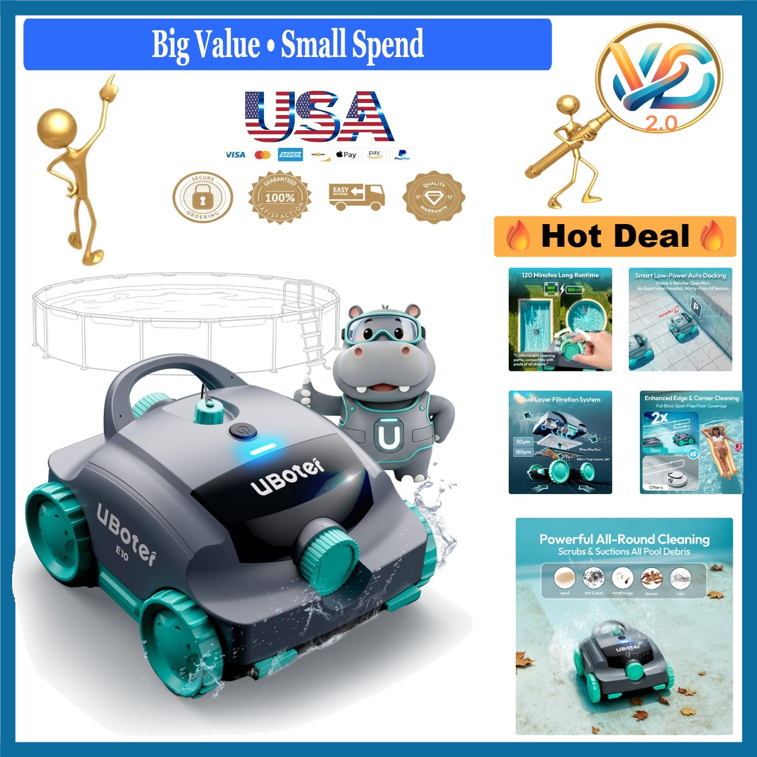 Cordless Robotic Pool Vacuum E10 for Flat-Bottom Pools Up to 860 Sq.Ft