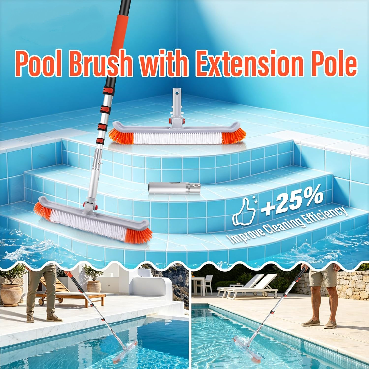 Pool Brush with 16Ft Telescopic Pole Aluminum Adjustable Cleaning Pole Head