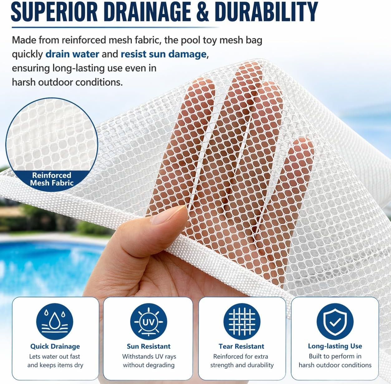 Poolside Pool Float Storage, 3-Pack Mesh Storage Bags with 6 Adhesive Hooks