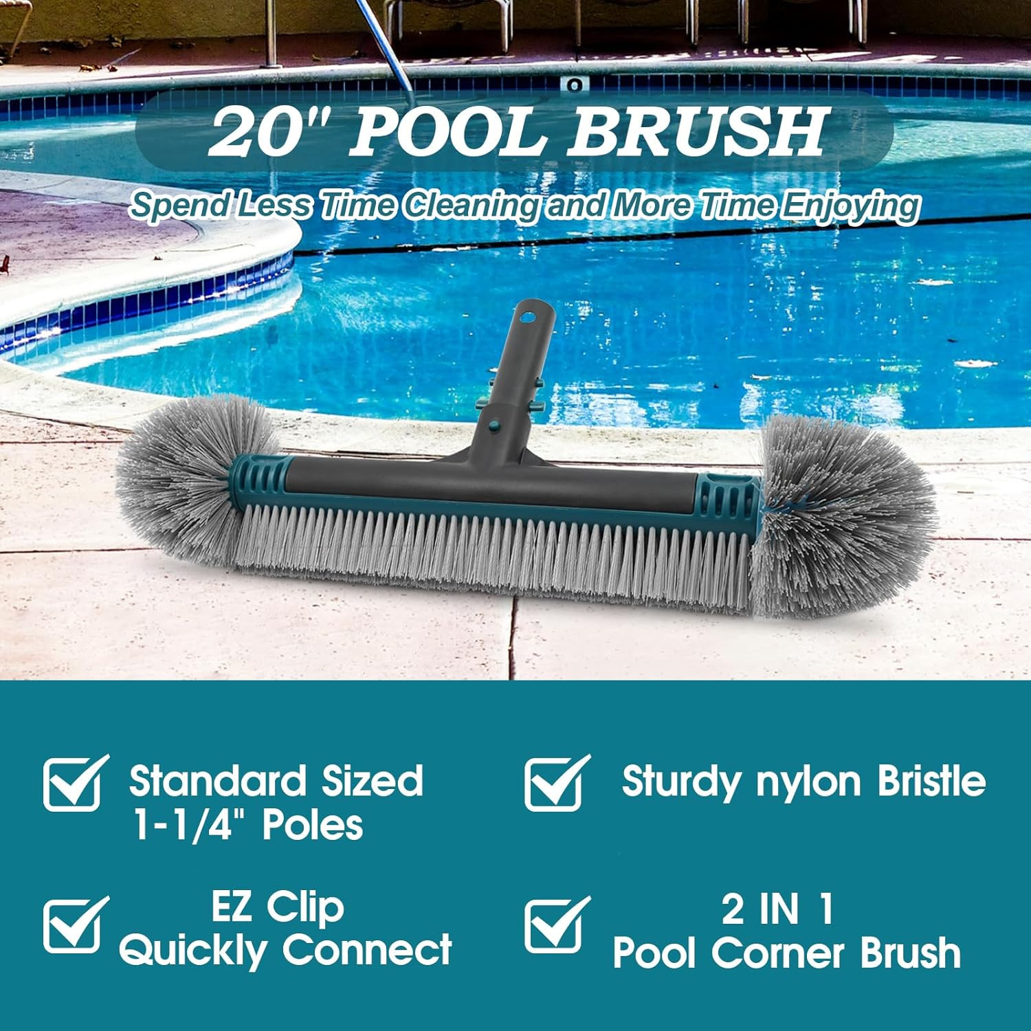 20 » Pool Brush Head, Detachable Pool Cleaning Brush with Durable around Nylon B