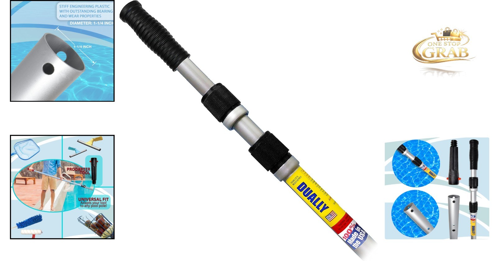 Dually Telescopic Pool Pole 8-24 Ft Aluminum Heavy Duty Locking USA Made