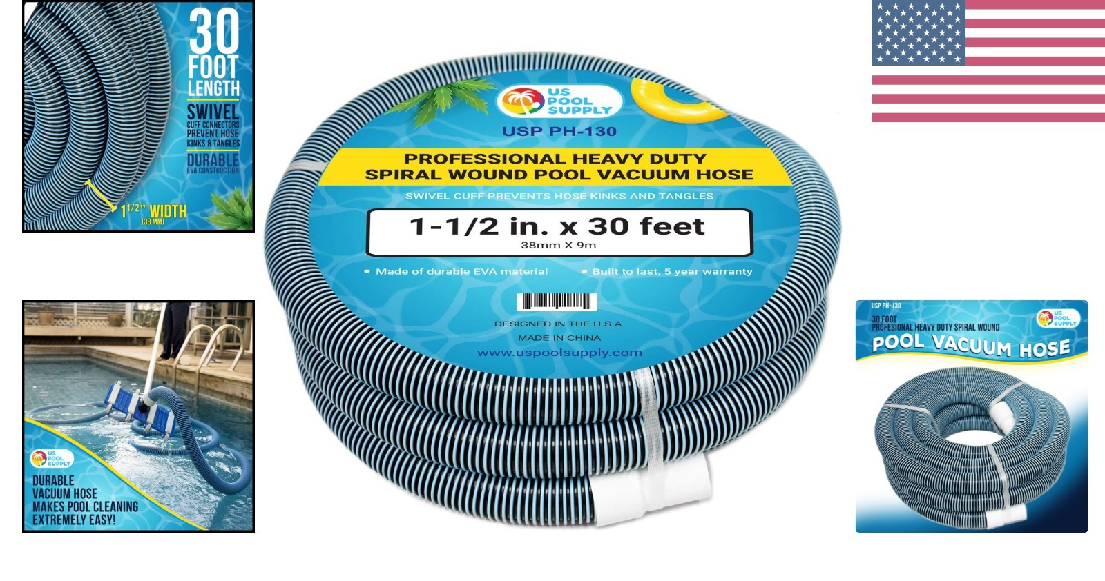 30-Foot Spiral-Wound Pool Vacuum Hose with Kink-Free Swivel Cuff – UV Resistant