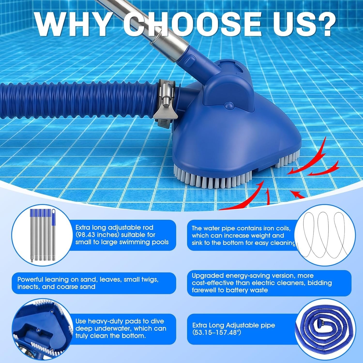 Manual Pool Vacuum Cordless Telescopic Pipe Inlet Strainer Attaches Above Ground