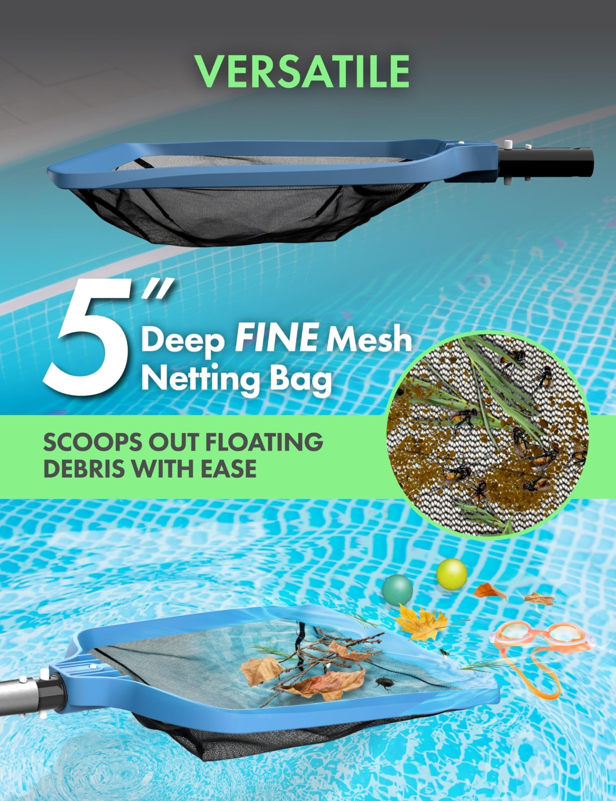 Professional Pool Cleaner Net, 5.3 Inch Deep Mesh, Universal Pole, Blue