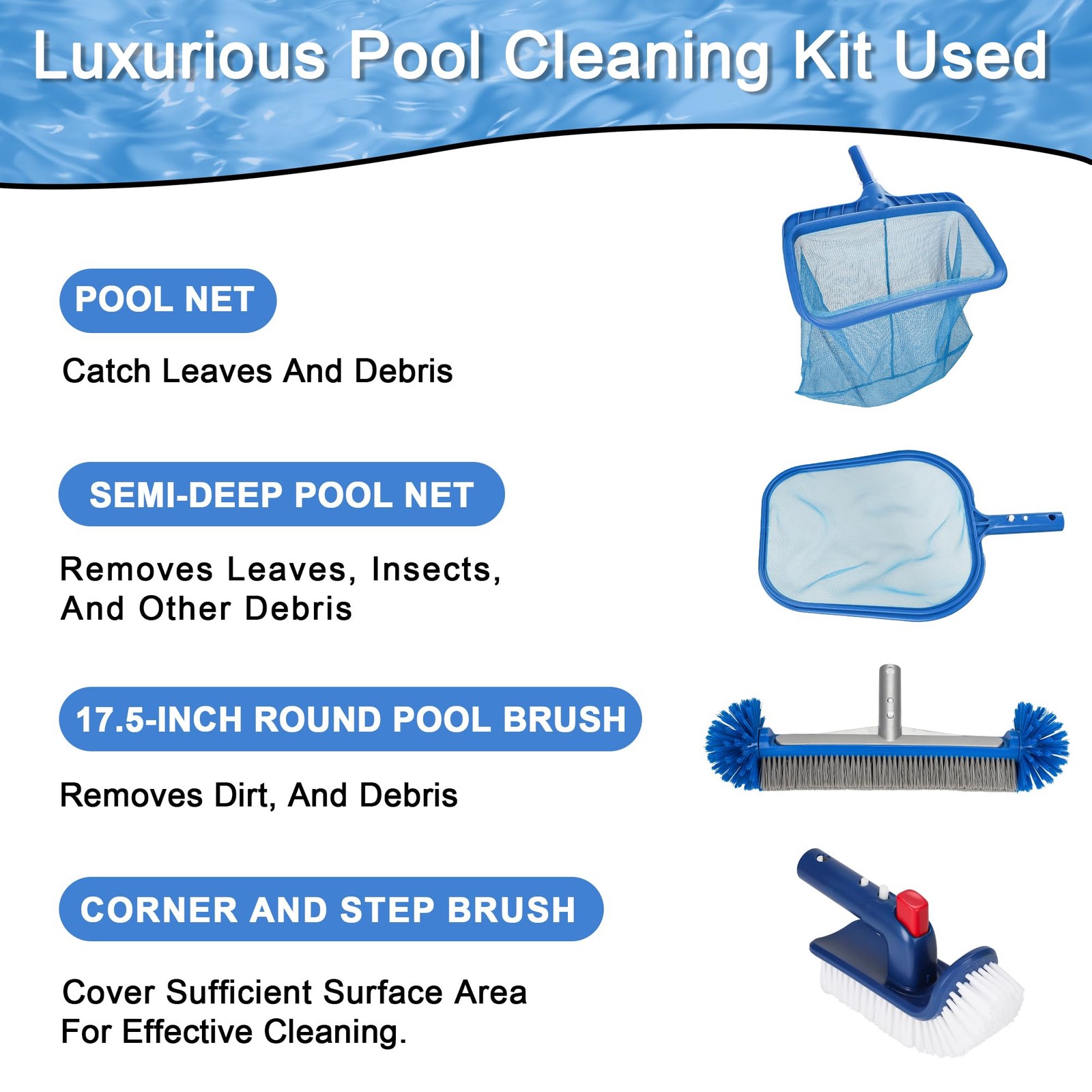 Pool Cleaning Kit Professional Heavy Duty Leaf Skimmer Net, Deep Bag Rake & W…